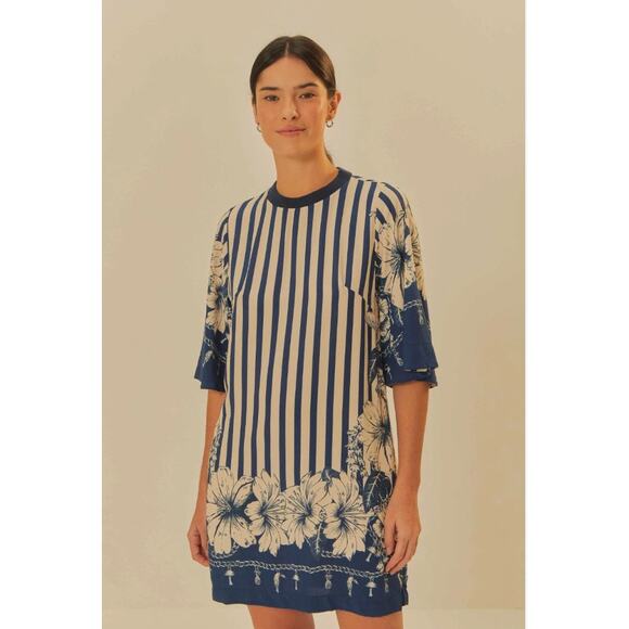 FARM Rio Dresses & Skirts - Farm Rio Womens Crewneck Striped Floral Navy/White Half Sleeve Mini Dress Medium